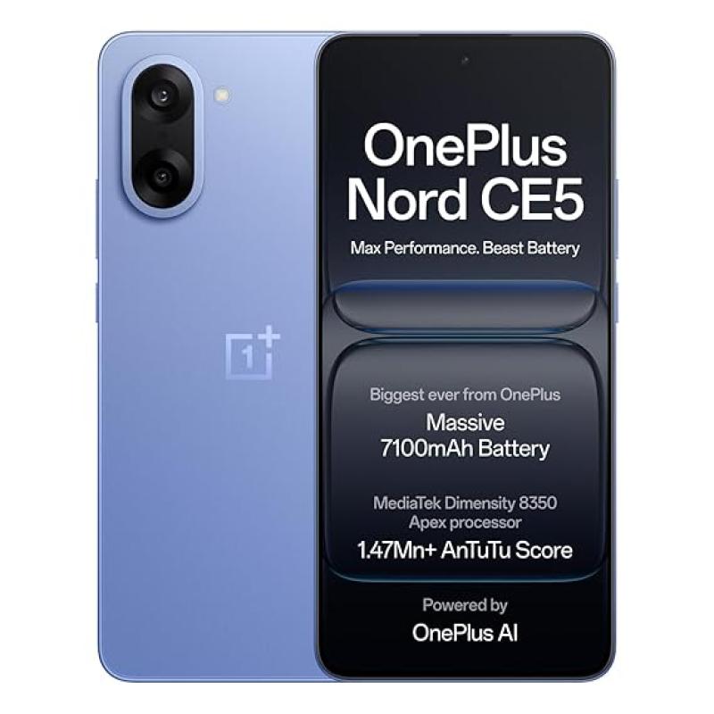 OnePlus Nord CE5 | Massive 7100mAh Battery | MediaTek Dimensity 8350 Apex | Powered by OnePlus AI | 8GB + 256GB |Nexus Blue