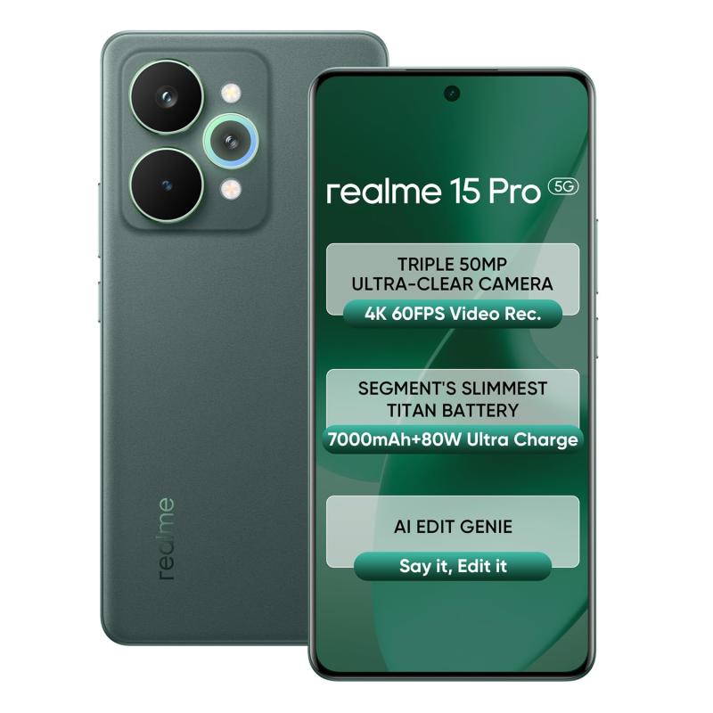 realme 15 Pro 5G Smartphone 8+256GB Green,4K 60FPS,144Hz HyperGlow 4D Curve Display,7000mAh Battery,80W SuperVOOC, Camera Triple 50MP, Snapdragon 7 Gen 4, IP69