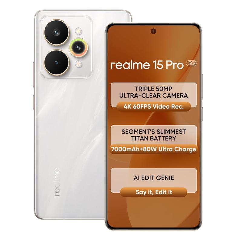 realme 15 Pro 5G Smartphone 8+256GB Silver,4K 60FPS,144Hz HyperGlow 4D Curve Display,7000mAh Battery,80W SuperVOOC, Camera Triple 50MP, Snapdragon 7 Gen 4, IP69