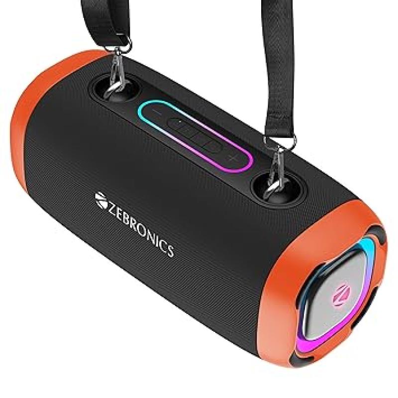 ZEBRONICS Sound Feast 85, Portable Bluetooth Speaker, 20 Watts, Upto 7 Hours Playback, Dual Passive Radiator, BTv5.3 | TWS | USB, RGB LED, Call Function, Carry Strap, Deep Bass (Orange)