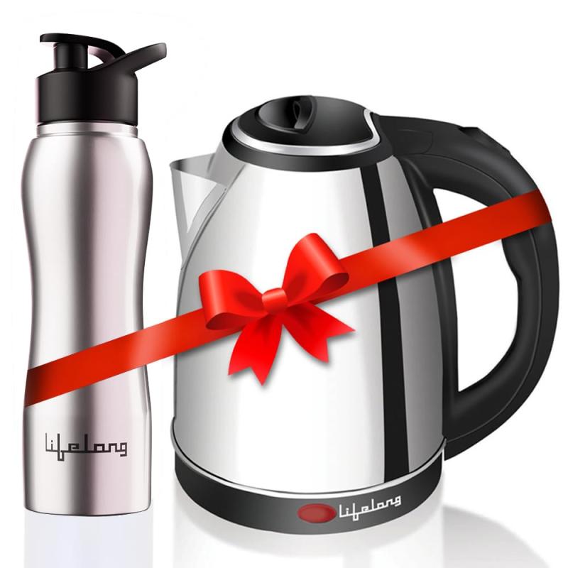 Electric Kettle Combo | 1.5-Litre | 1500 Watt | Stainless Steel Body | Fast Boiling | Leak-Proof Water Bottle (750 ml) | Silver Finish | Lifelong