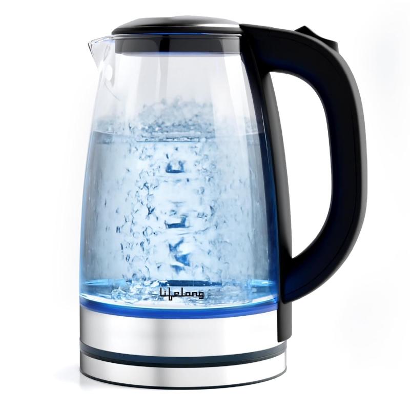Electric Kettle | 1.8-Litre | 1350 Watt | Borosilicate Glass Body | LED Light | Cool Touch Handle | Auto Shut-Off & Overheat Protection | Black Finish | Lifelong