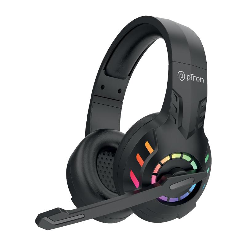 pTron Studio Sports Wireless BT Gaming Over-Ear Headphones, 30MS Low-Latency for Thrilling Gaming Experience, RGB Lights, Boom HD Mic w/AI ENC, 60Hr Playtime, Punchy Sound, Type-C Fast Charging(Black)