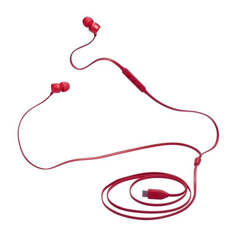 JBL Tune 310 Wired in Ear Type C Headphones, Hi-Res Audio with Digital-to-Analog Converter, 3-Button EQ Preset Remote with Microphone, Tangle-Free Flat Cable, Compatible with USB-C Devices (Red)