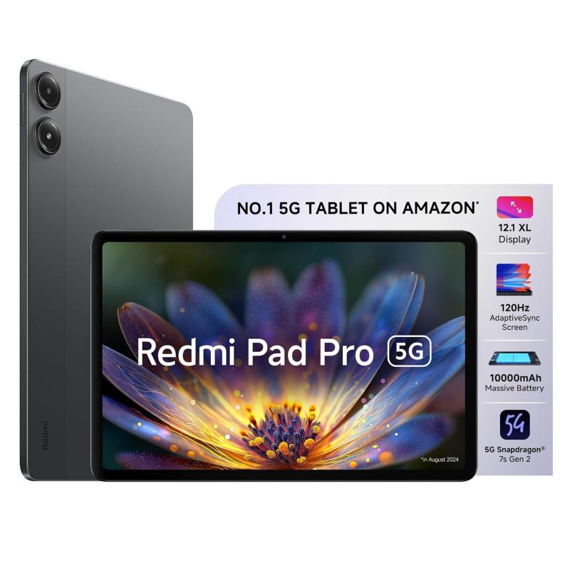 Redmi Pad Pro 5G |Snapdragon 7s Gen 2|30.7cm(12.1) Tablet|33+ Days Standby| 10000mAh|HyperOS|8GB, 128GB|Quad Speakers |Wi-Fi 6 + 5G |Graphite Grey