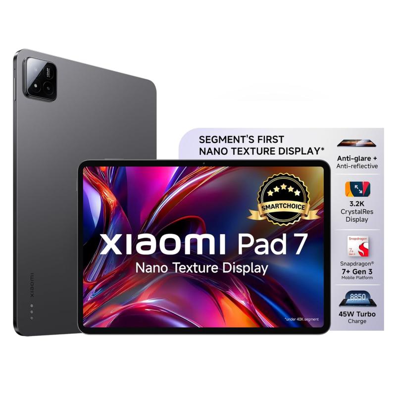 Xiaomi Pad 7 |Qualcomm Snapdragon 7+ Gen 3 |28.35cm(11.16") Display |8GB, 128GB |3.2K CrystalRes Display |HyperOS 2 |68 Billion+ Colours |Dolby Vision Atmos |Quad Speakers |Wi-Fi 6 |Graphite Grey