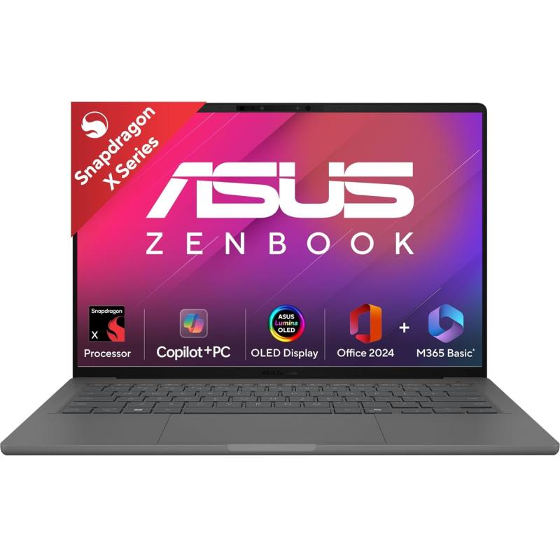 ASUS Zenbook A14 OLED (2025),Qualcomm Snapdragon X Elite,Copilot+PC,0.9kg Light-Weight,14""(35.6 cm),32hrs Battery* (16GB/512GB/Windows 11/MSO 2024/M365 Basic-1yr/AI PC/Metal Body/UX3407RA-QD061WS)