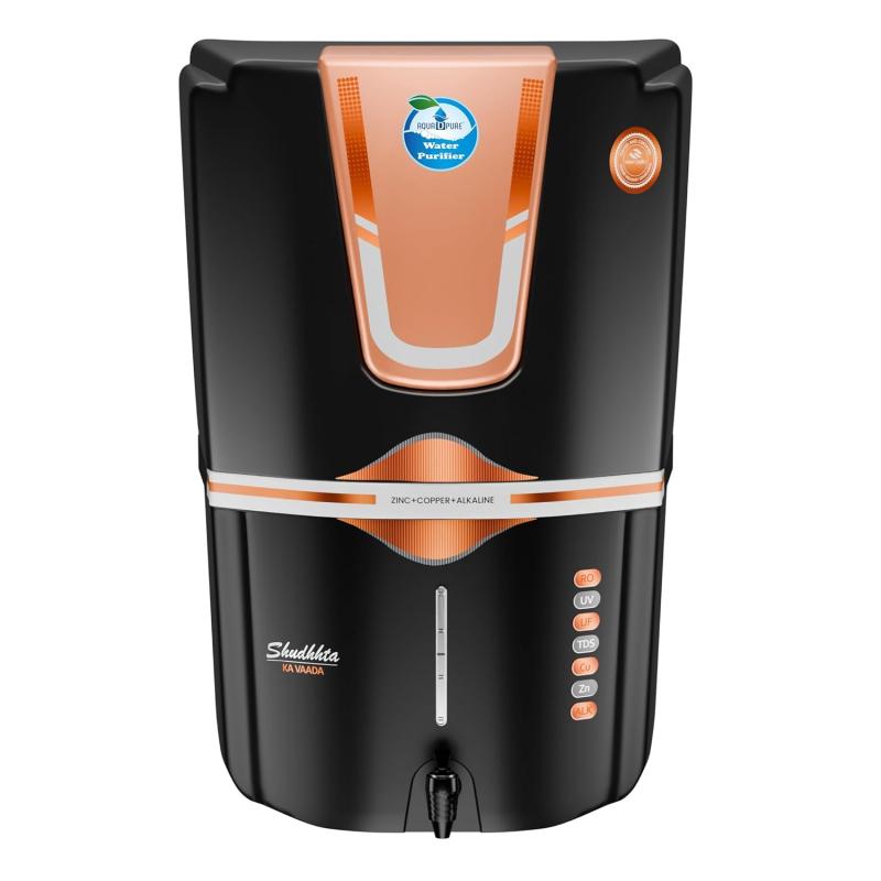 AQUA D PURE Zinc Copper Alkaline Ro+Uv+Uf 12 Liter Ro + Uv + Tds Adjuster Water Purifier With Copper Charge Technology Black, Best For Home And Office