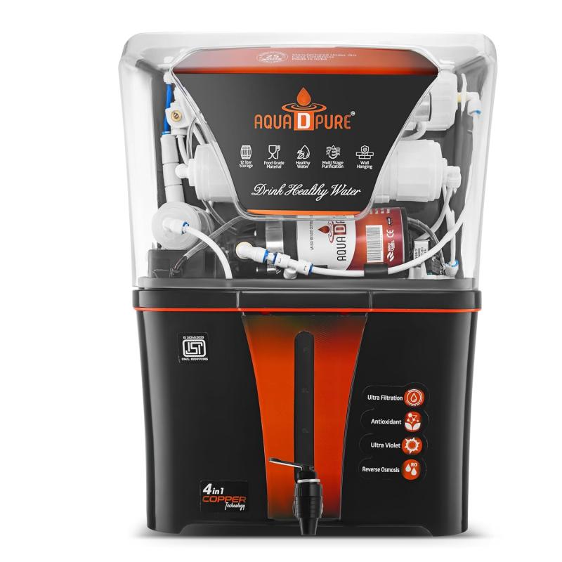 AQUA D PURE 4 in 1 Copper RO Water Purifier with 10 Stage Purification Filtration, UV, UF, TDS Adjuster and 12 Liter Large Storage Tank, Black