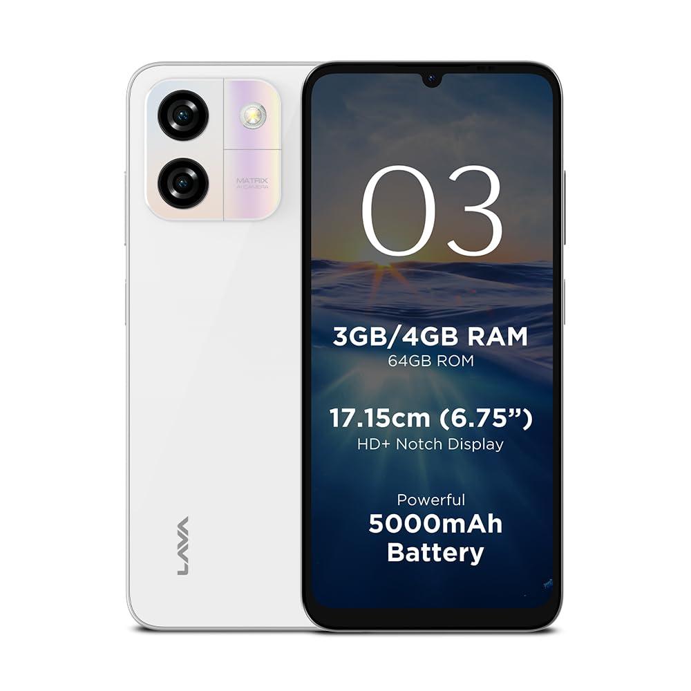 Lava O3 (Glossy White, 3 GB RAM, 64 GB Storage) | Biggest 6.75" HD+ Display | 13MP AI Dual Rear Camera | 5000 mAh Battery | Secure Face Unlock | Fingerprint Reader | Charger & Phone-Cover in Box