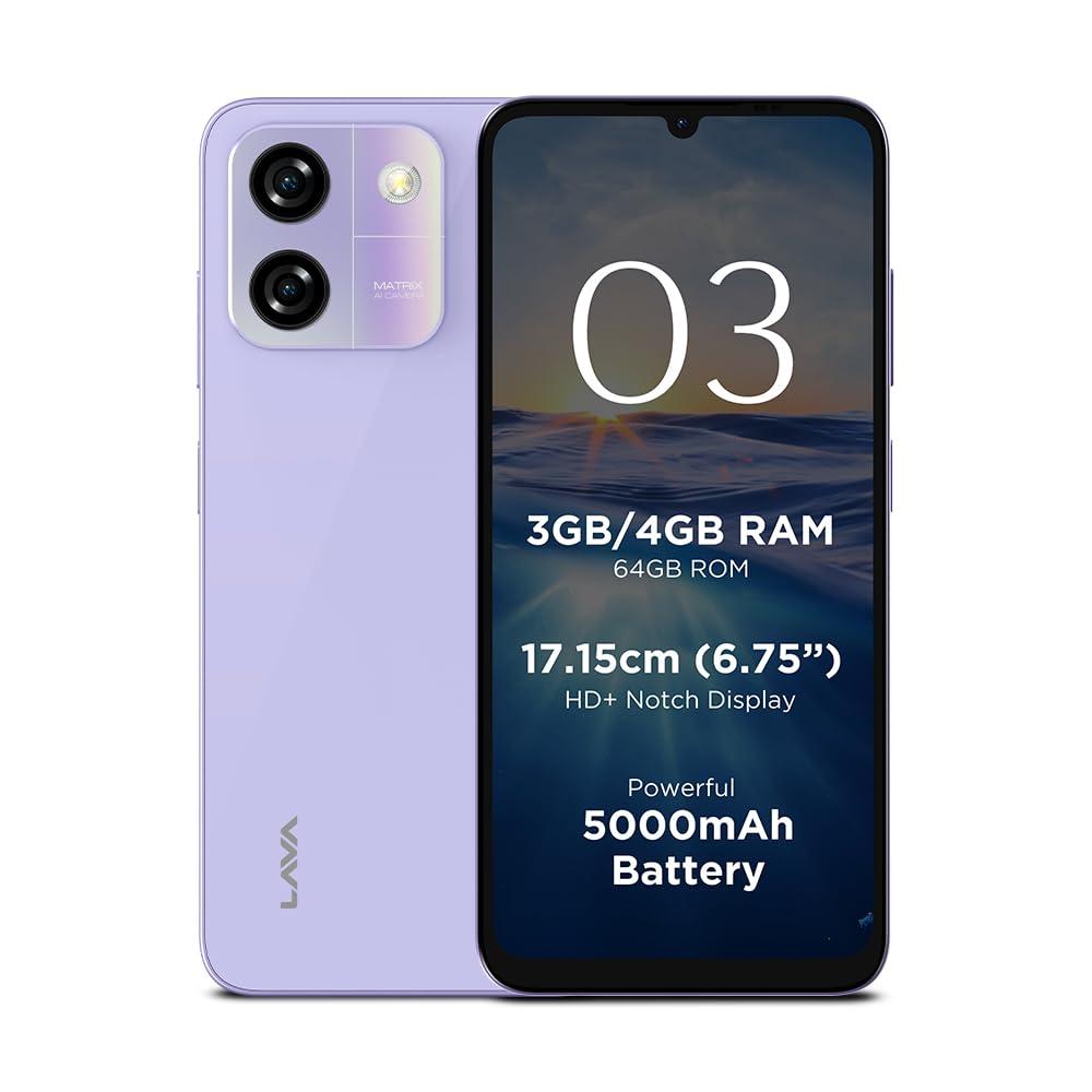 Lava O3 (Glossy Lavender, 4 GB RAM, 64 GB Storage) | Biggest 6.75" HD+ Display | 13MP AI Dual Rear Camera | 5000 mAh Battery | Secure Face Unlock | Fingerprint Reader | Charger & Phone-Cover in Box