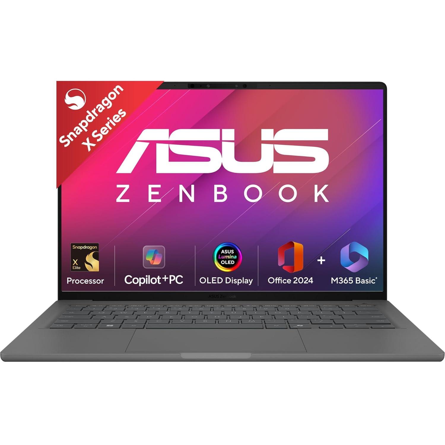 ASUS Zenbook A14 OLED (2025),Qualcomm Snapdragon X, Copilot+PC, 0.9kg Light-Weight, 14""(35.6 cm),32hrs Battery Life*(16GB/512GB/Windows 11/MSO 2024/M365 Basic-1yr/AI PC/Metal Body/UX3407QA-QD259WS)