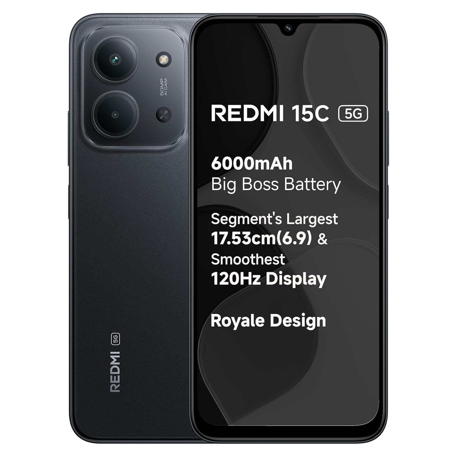 REDMI 15C 5G Midnight Black 4GB + 128GB | Royale Design | Massive 6000mAh Battery | Segment's Largest 17.53cm Display Up to 120Hz | MediaTek Dimensity 6300 | 33W Fast Charging | 50MP AI Dual Camera