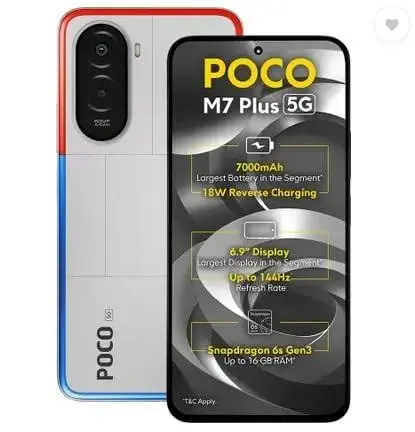 6.9-inch | 50MP + 8MP Camera | 7000mAh | 6GB+128GB | Chrome Silver | Poco M7 Plus 5G